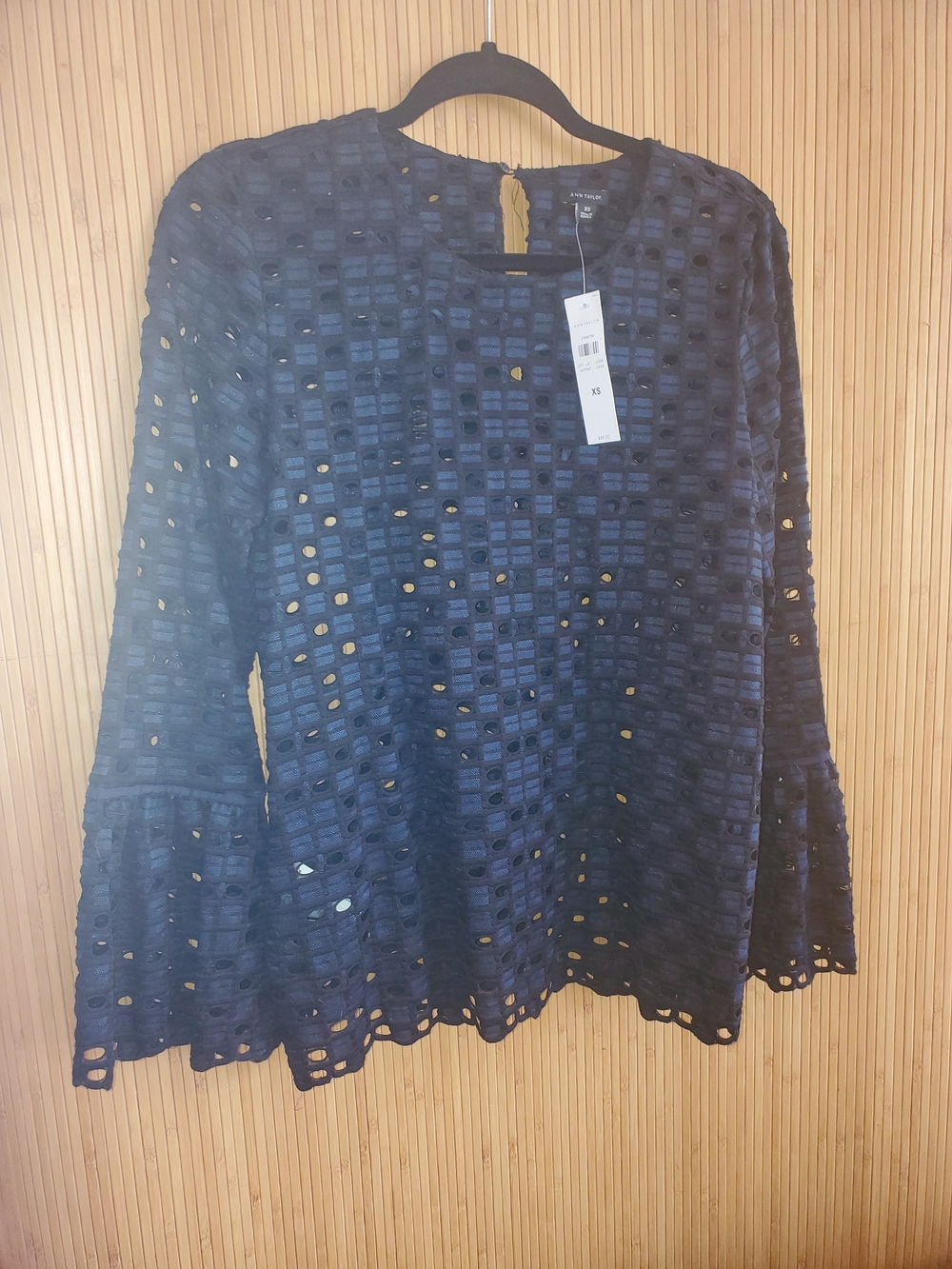 Ann Taylor Navy Eyelet Bell-Sleeve Top